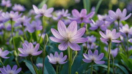 Fototapeta premium Purple wildflowers in full bloom with multiple flowers and green foliage under natural sunlight. Copy Space.