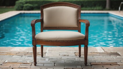 Fototapeta premium Elegant wooden armchair with beige upholstery positioned by a swimming pool surrounded by stone pavement, Copy Space