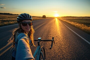 A smiling woman taking a selfie on her bicycle during a stunning sunset ride, capturing the golden hour light, wearing a helmet and sunglasses on an open road.
