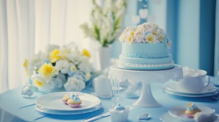 Elegant Spring Table Setting with Floral Cake Decor for Festive Occasions