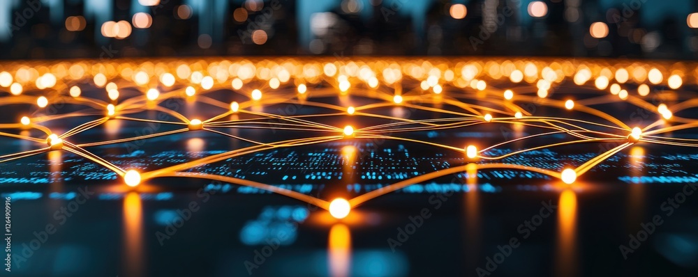 Aufkleber Network Connection Visualization with Bright Nodes Over Digital Grid in Urban Background