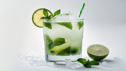Mojito cocktail in a glass with ice, fresh mint leaves, lime slices, and a straw on a gray background with copy space.