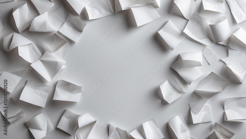 Poster crumpled white paper sheets arranged in a circular pattern on a light grey background with copy spac