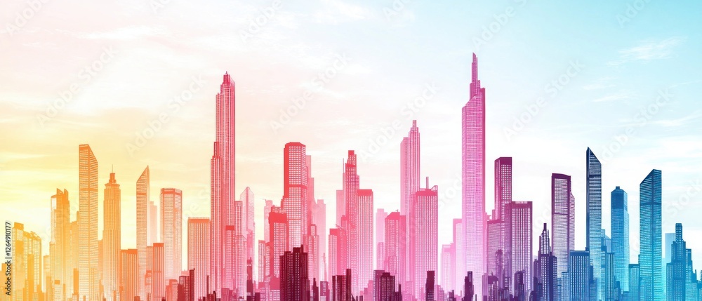 Aufkleber modern urban skyline at sunset with colorful gradient in background showcasing architectural diversi