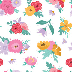 Cartoon floral seamless pattern decorated with cute flowers and leaves for wallpaper, stationery, textile prints, nursery decor, easter decorations, etc. EPS 10