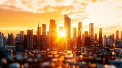Fototapeta premium Golden Sunset Over Urban Skyline with High-Rise Buildings Reflecting Warm Light and Dramatic Clouds