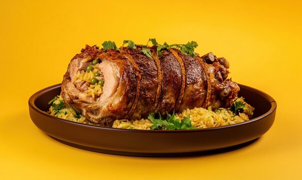 Delicious lechona served on a brown plate with vibrant rice and herbs
