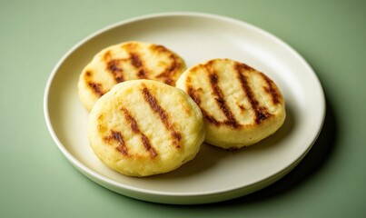 Delicious arepas served on a smooth ivory plate with a muted green background