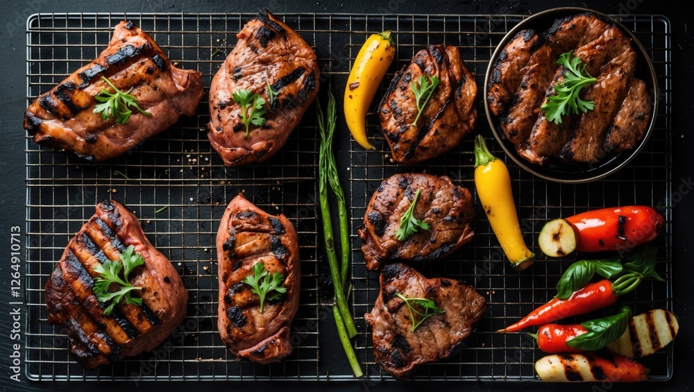 Aufkleber grilled meat on a rack with assorted vegetables including bell peppers and herbs displayed on a dark