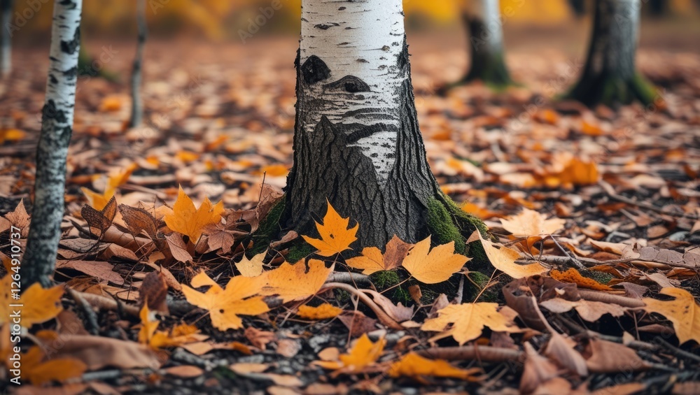 Aufkleber Autumn scene featuring a birch tree trunk with fallen orange and yellow leaves covering the ground in a forest setting with blurred background. Copy Space