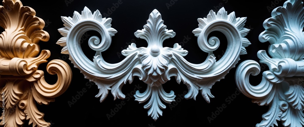Aufkleber Decorative white plaster moldings with intricate designs on a black background displaying a range of colors and textures Copy Space