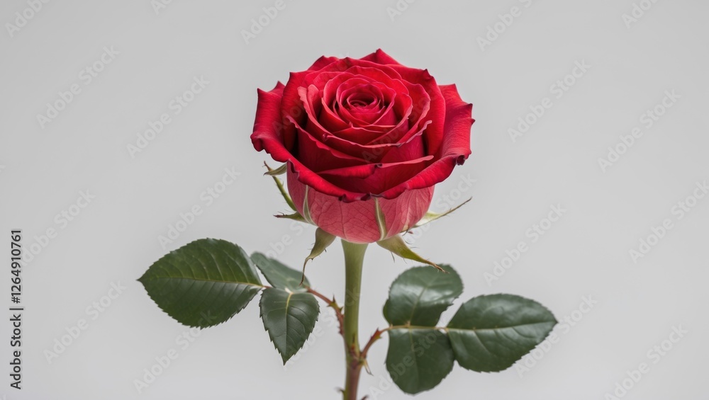 Poster red rose with green leaves on stem against plain background. copy space for text placement.