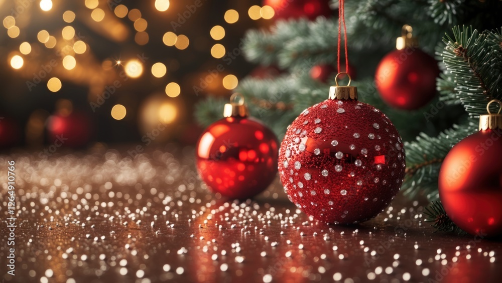Poster Red Christmas ornaments with glitter on a wooden surface and a decorated evergreen tree with bokeh lights in the background Copy Space