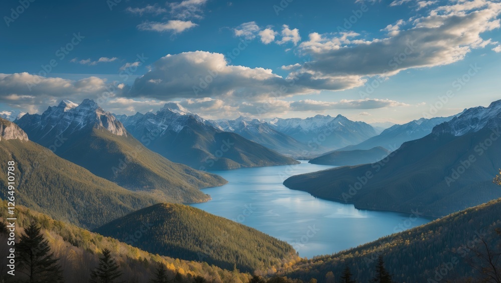 Poster Panoramic view of a tranquil lake surrounded by mountains under a partly cloudy sky with reflections on the water Copy Space