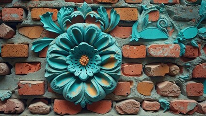 Turquoise floral relief decoration on a textured brick wall with various brick colors and styles Copy Space