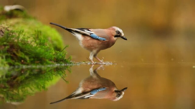 Eurasian jay forage for nuts in shallow waters of forest with perfect reflection