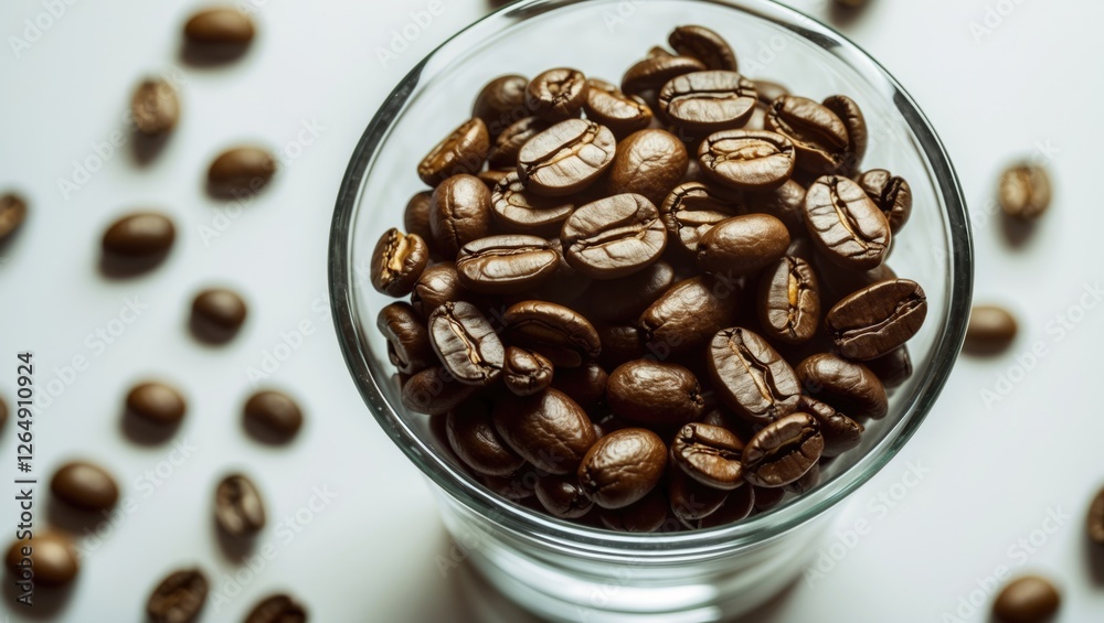 Poster Coffee beans in a glass container with scattered beans on a white background showcasing texture and color with Copy Space