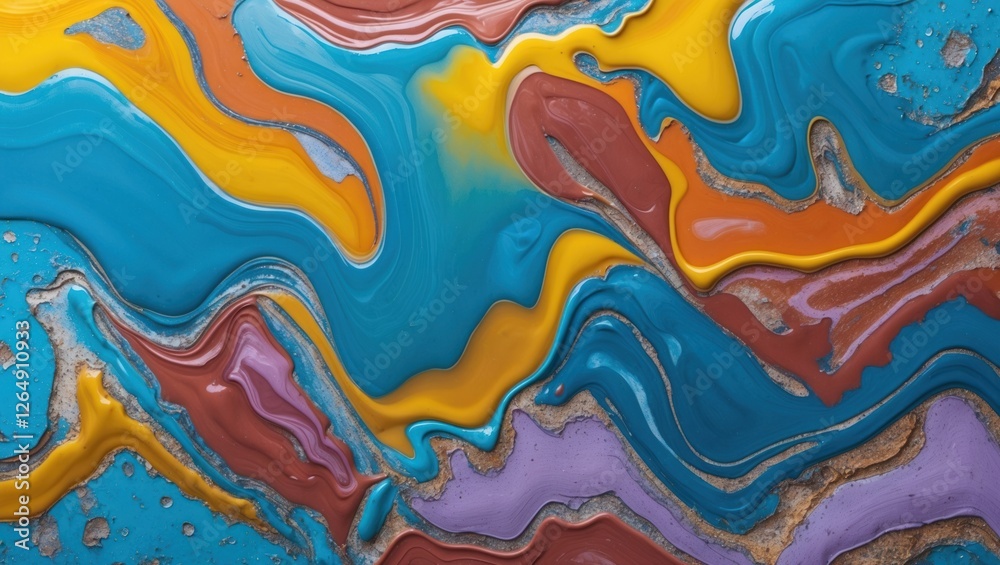 Poster colorful abstract paint texture with fluid shapes and lines in vibrant blue orange and purple tones 