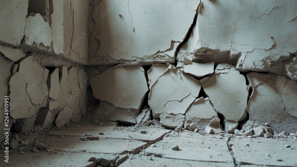 Poster cracked and peeling walls in an abandoned room with visible dust and debris on the floor showcasing 