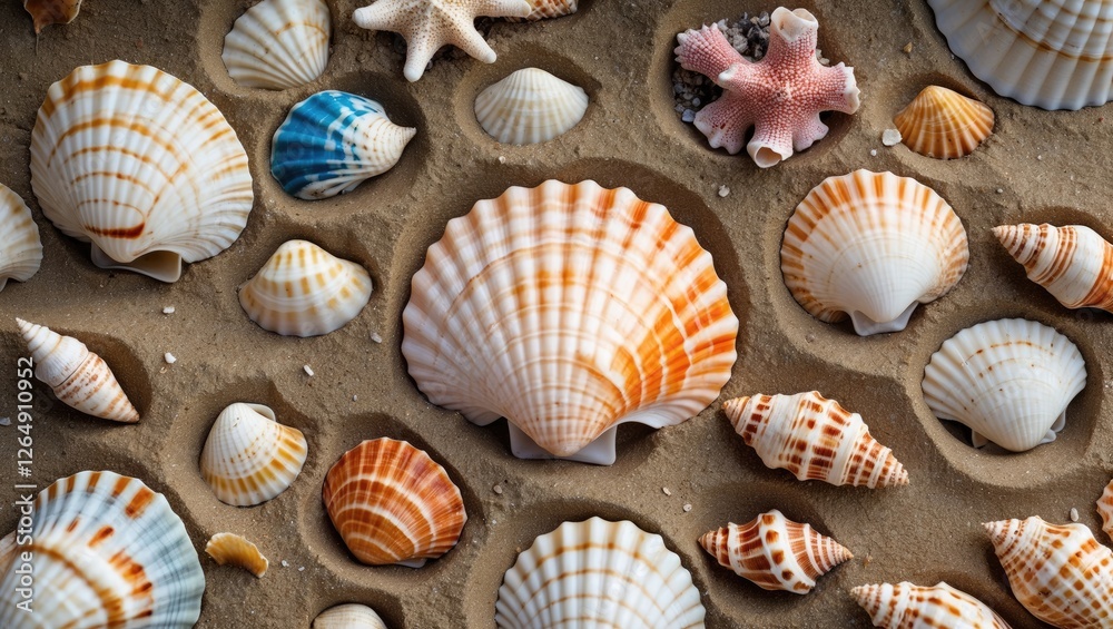 Poster Colorful collection of various seashells arranged on sandy beach surface with shallow depth of field Copy Space