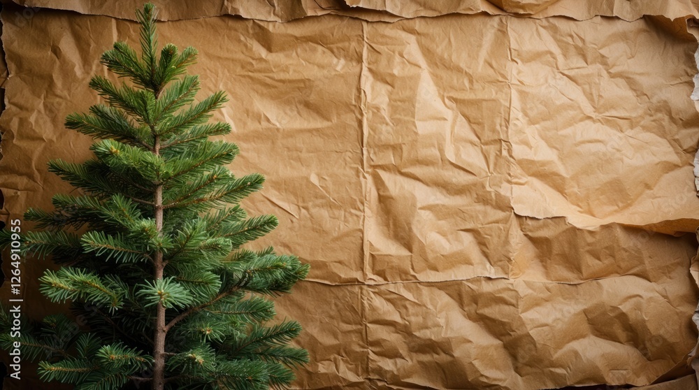 Aufkleber Small evergreen tree in front of crumpled brown paper texture background with ample copy space for text placement