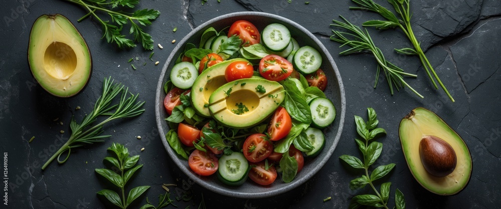 Poster fresh green salad with avocado slices, cherry tomatoes and cucumber on dark stone background with he