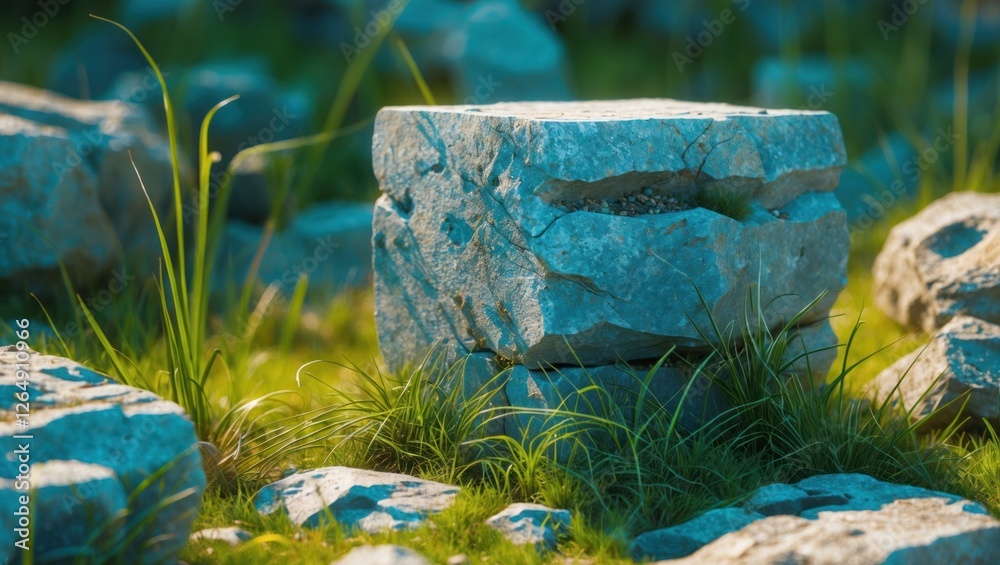 Poster rock formation surrounded by grass and stones with natural lighting and greenery in the background c