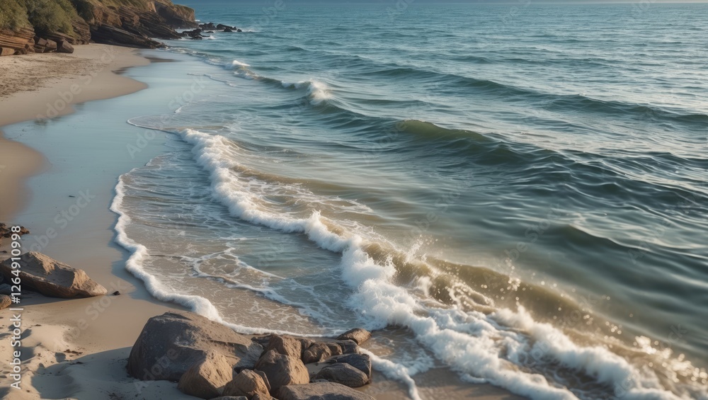 Poster tranquil beach scene with gentle waves lapping at the shore and rocky formations under soft sunlight