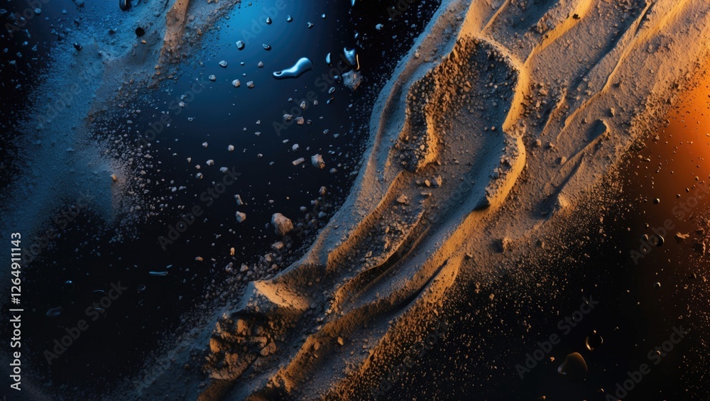Poster abstract texture with water droplets and fine sand on dark surface illuminated by blue and orange li