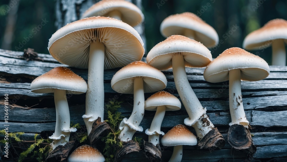 Aufkleber Cluster of edible mushrooms growing on a decaying log in a forest setting with blurred background and muted colors Copy Space