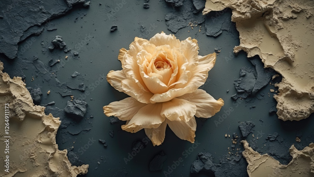 Poster beige blooming rose on textured dark background with peeling paint fragments and ample copy space fo
