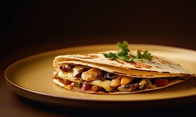 Delicious quesadilla filled with chicken, cheese, and mushrooms on a light plate