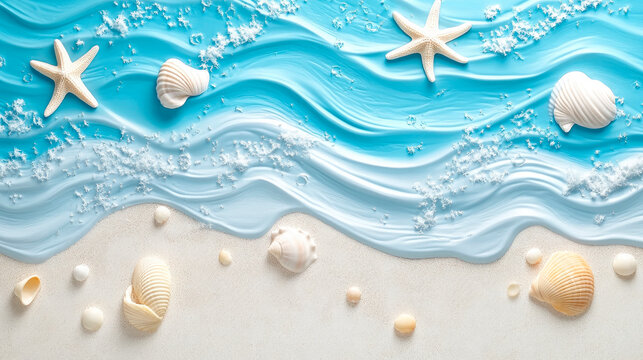 An abstract composition with beach sand, starfish and seashells. Summer vacation concept.