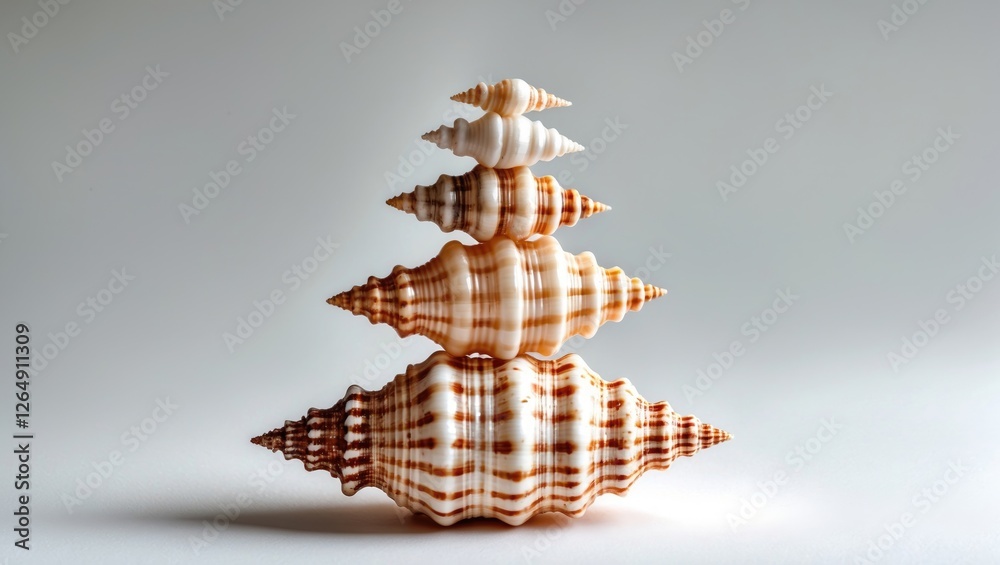 Poster stacked seashells arranged in a christmas tree shape on a light background with smooth textures and 