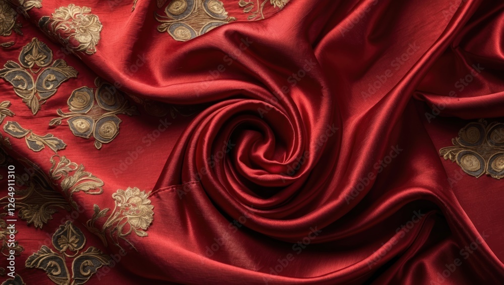 Poster red silk fabric with intricate gold embroidery patterns beautifully arranged in folds. copy space.