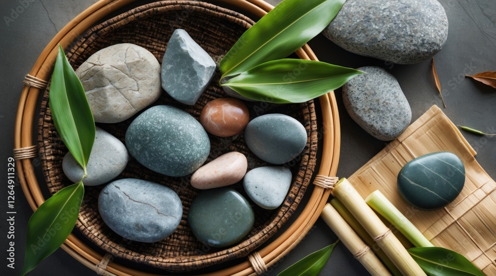 Poster variety of smooth stones arranged in a round wicker basket with green bamboo leaves on a textured su