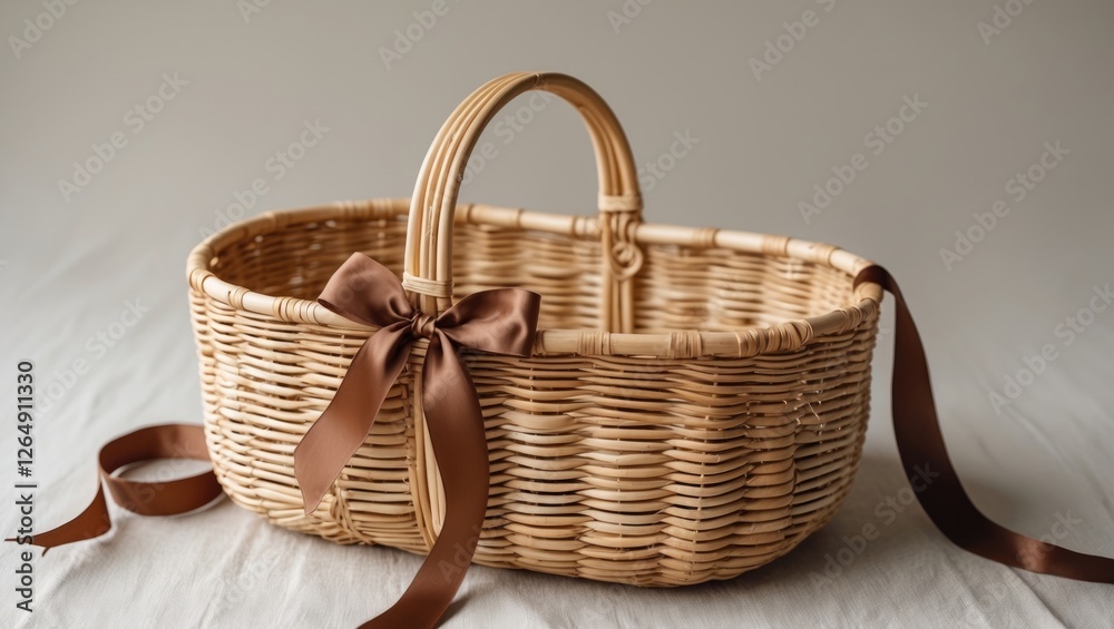 Poster Woven wicker basket with brown satin ribbon on a neutral background showcasing minimalistic design and copy space for text placement