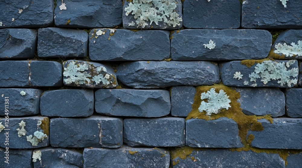 Aufkleber Textured stone wall with moss and lichen growth in natural colors and patterns suitable for background usage Copy Space