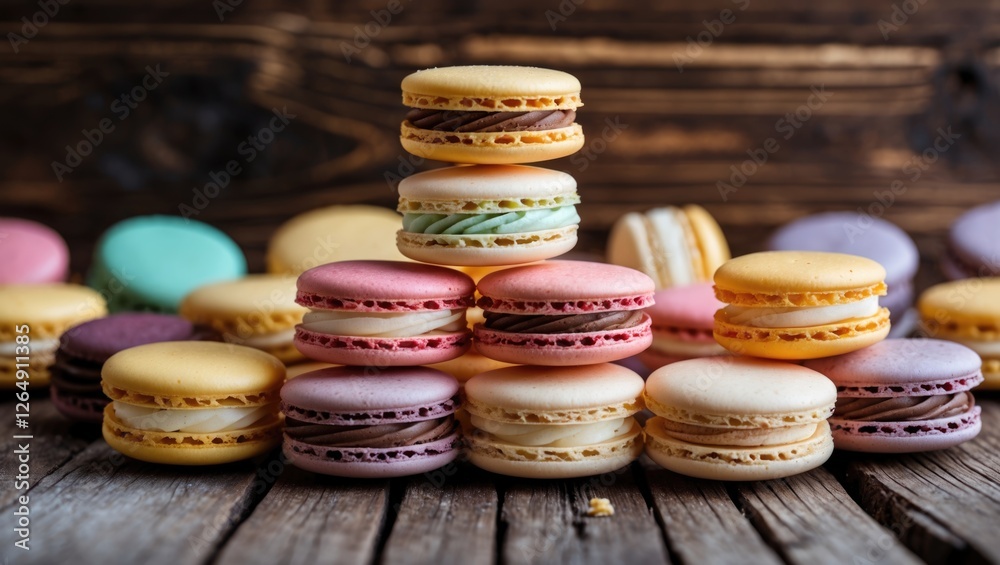 Poster Assorted colorful macaron cookies stacked on wooden surface with rustic background Copy Space