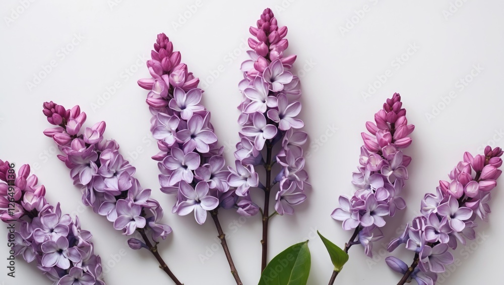 Poster purple lilac flowers arranged on a white background with green leaves and ample copy space for text 