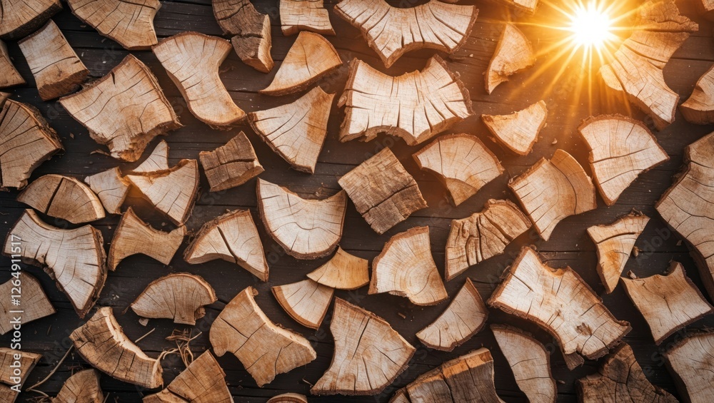 Poster chopped firewood arranged on a dark wooden surface with sunlight rays shining through the gaps copy 