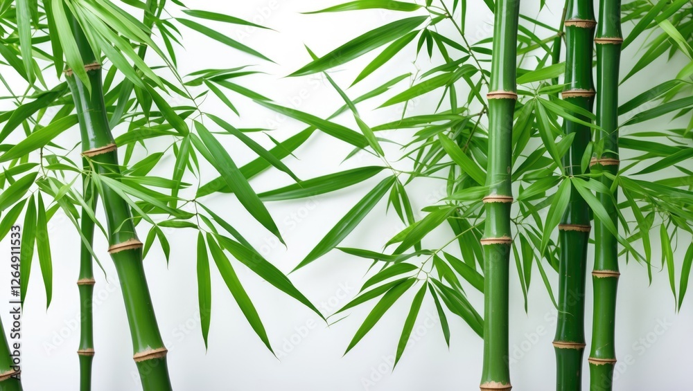 Poster green bamboo stalks and leaves with a white background featuring ample copy space for text placement