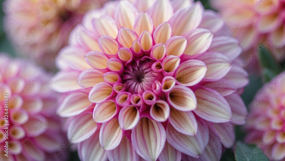 Poster close-up of a pink and cream dahlia flower showcasing intricate petal patterns with green foliage bl