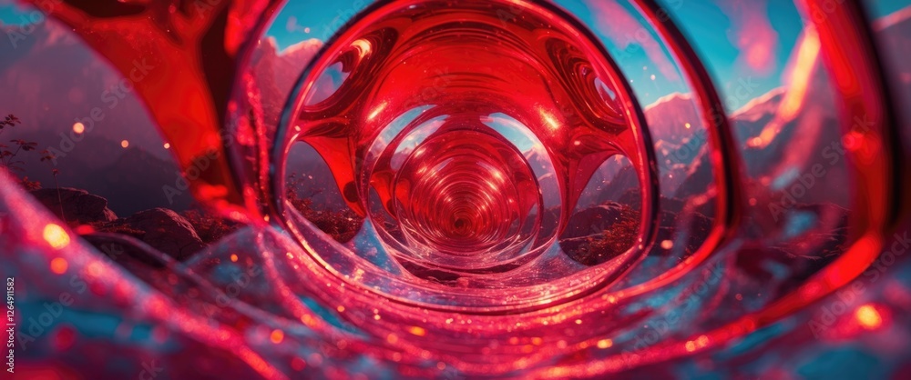 Poster Colorful abstract spiral pattern with vibrant red tones and background reflections in a fluid, shiny surface, perfect for creative projects. Copy Space