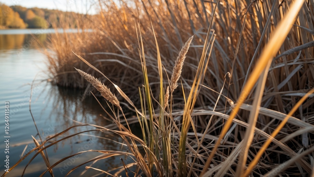 Aufkleber golden reeds by a calm lake during sunset with reflections in the water and soft focus on foreground