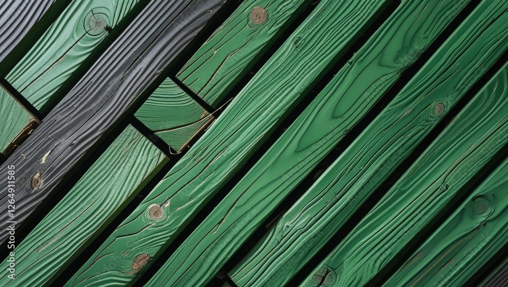 Aufkleber Diagonal arrangement of black and green wooden planks with visible grain patterns and knots ideal for background use Copy Space