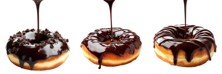 Collection of chocolate glazed donut being drizzled with additional dark chocolate glaze isolated on a transparent background