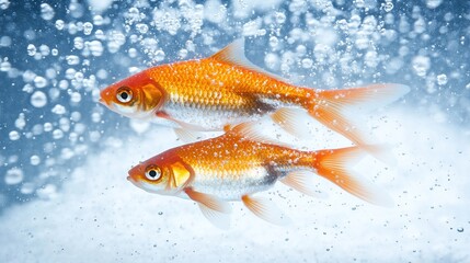 Two goldfish swim in aquarium, bubbles background, pet shop use