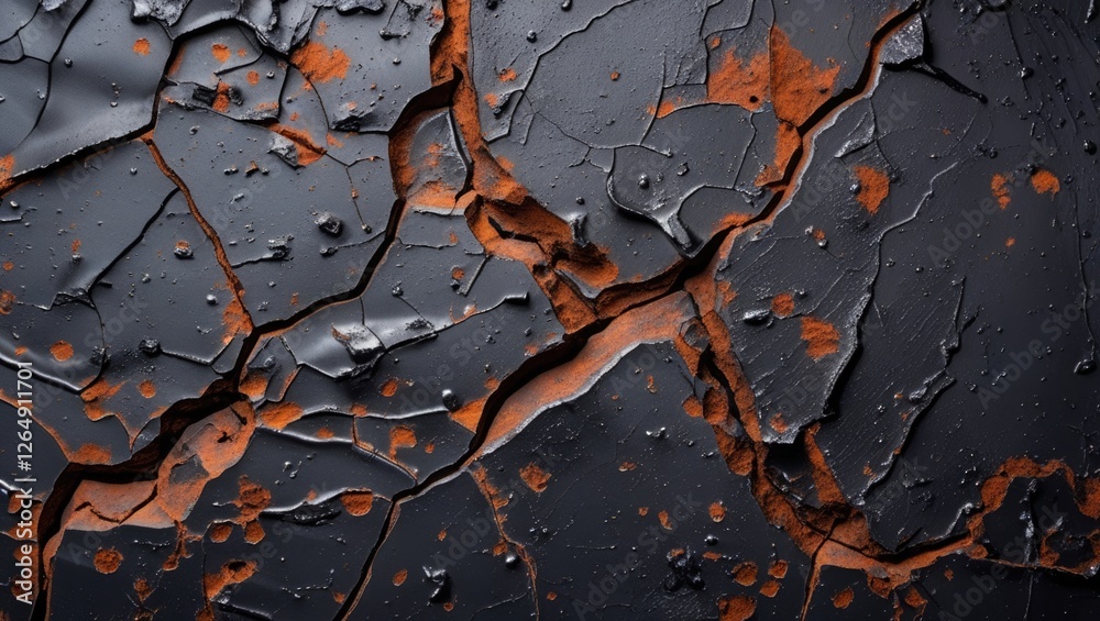 Aufkleber Cracked black surface with orange rust texture background detailed close-up with uneven patterns and copy space