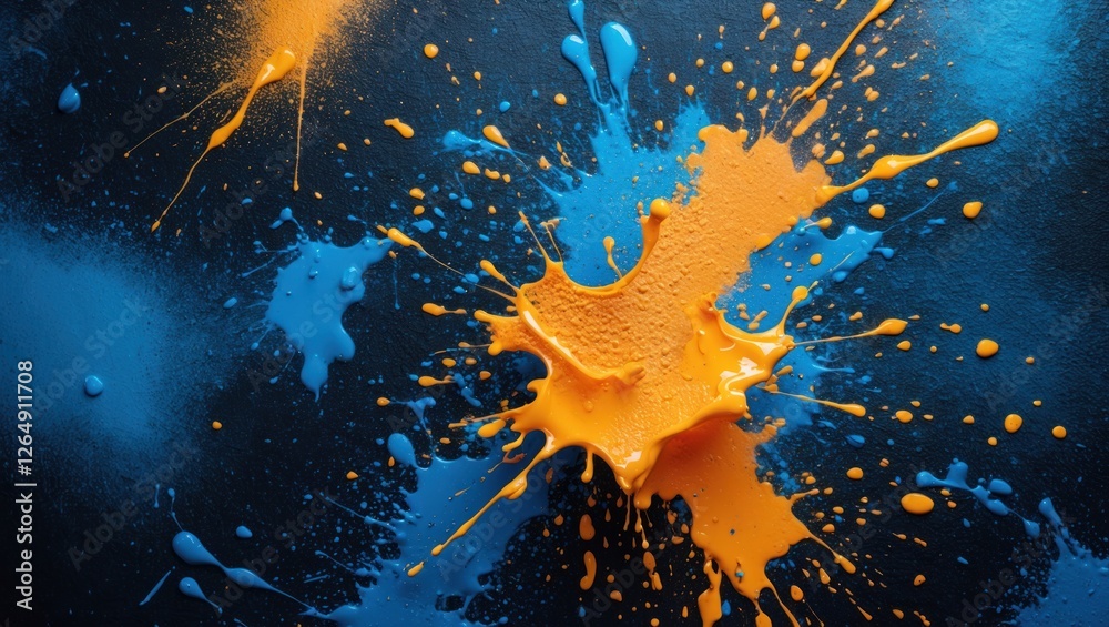 Poster colorful paint splashes in vibrant blue and orange on a black background with artistic texture and c
